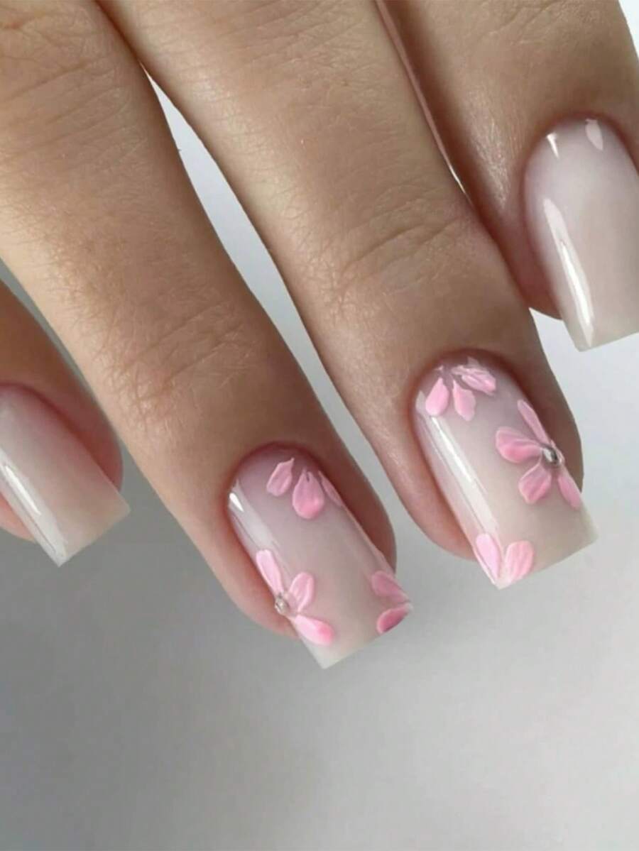 24pcs Medium Length Square Nail Stickers, Floral & Rhinestone Design, Cute Countryside Style, Versatile, Spring/Summer, Includes 1 Nail File & 1 Nail Gel - Multicolor - View 1