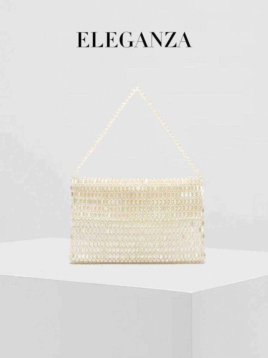 1个手工串珠方形翻盖单肩包，闪亮串珠腋下包，简约复古女士手提包，适合通勤、宴会、派对、日常、休闲、校园、旅行，可搭配连衣裙、衬衫、T恤、连帽衫、牛仔裤、西装、外套。 - 白色 - 查看 1