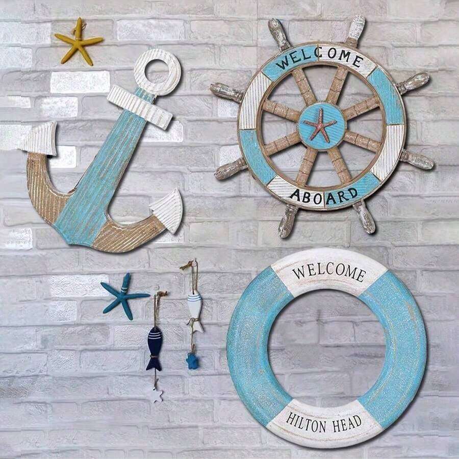 1/3 PiecesNautical-Themed Wall Decor Set - Wooden Anchor, Rudder, And Lifebuoy With "Welcome Aboard" And "Boat" Stamps; Summer Ocean-Themed Hanging Wall Decor; Indoor Nautical Wall Decor - 彩色 - 查看 1