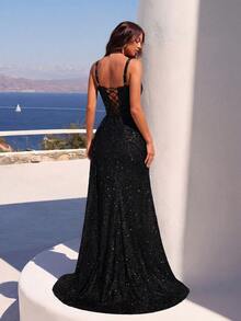 ADYCE Đầm maxi dài, eo cao, dây mảnh, cổ hình trái tim, đính sequin dày dặn, thắt lưng satin, xẻ tà bên và buộc dây phía sau, thích hợp cho dạ hội, tiệc sinh nhật, tiệc tối trang trọng, hẹn hò, lễ hội, dự đám cưới, dạ tiệc, họp mặt gia đình, kỳ nghỉ, năm mới và các dịp khác, ngày Valentine, màu đen mùa xuân. - màu đen - Xem 2
