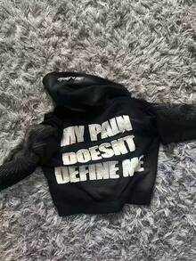 Unisex Streetwear Style Patchwork Hoodie, Letter Pattern Zip-Up Hoodie, Y2K - màu đen - Xem 1