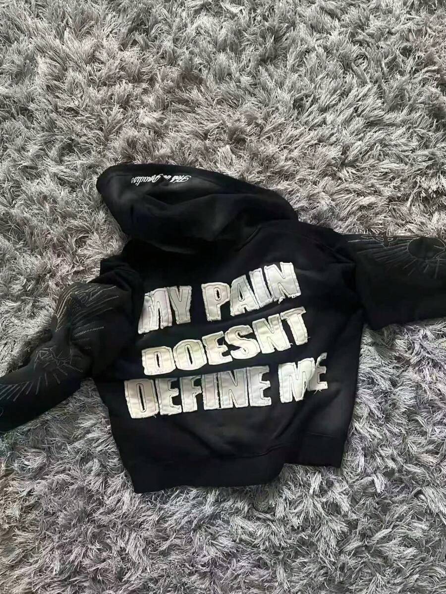 Unisex Streetwear Style Patchwork Hoodie, Letter Pattern Zip-Up Hoodie, Y2K - màu đen - Xem 1