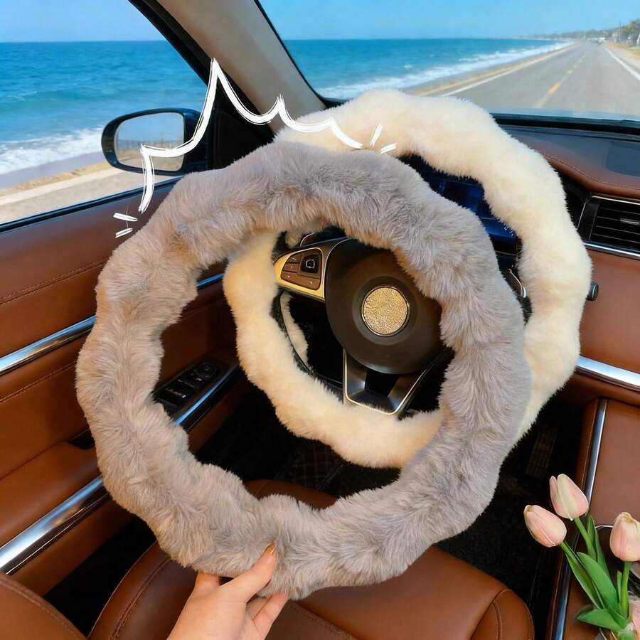 1pc No Lining Bubble Fur Steering Wheel Cover, Wool Fur Hand Wrap, Warm Universal Autumn & Winter Car Steering Wheel Cover, Steering Wheel Cover, Steering Wheel Cover, Auto Accessories, Steering Wheel Cover - Wave - View 1