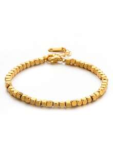 RAYQUEEN 1pc Stainless Steel Square Beaded Fashionable Gold-Color Personalized Bracelet For Women, Suitable As Gift - Anklets - View 9