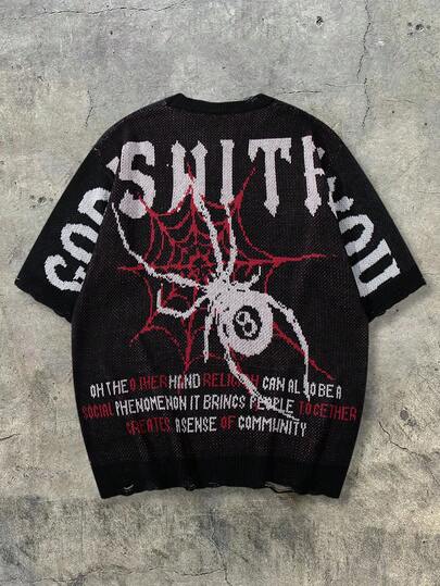  ANDREILEE 男女通用暗黑朋克蜘蛛网字母印花做旧下摆短袖街头时尚休闲圆领针织衫，黑色