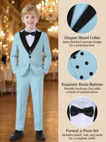 3pcs Boys' Sky Blue Plaid Outfit - Collared Vest, Suit Vest, Pants - Light Wash - View 4