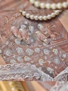 1片装 5D立体美甲贴纸 精致花朵和可爱小马图案 热压印 DIY自粘美甲贴纸 - 白色 - 查看 2