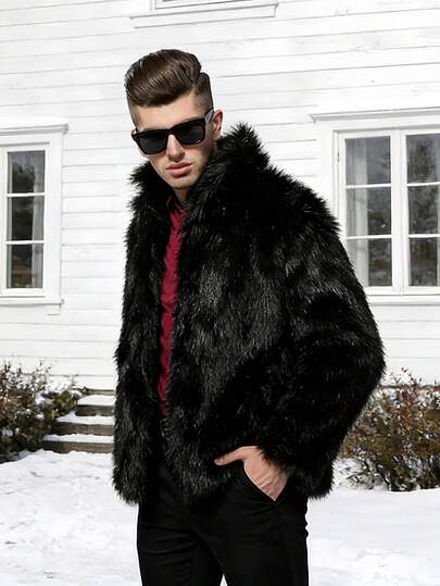 1pc Men's Faux Fur Jacket, Minimalist Solid Color, Thick Fluffy Texture, Classic & Elegant, Casual Fashion, Loose Fit, Stand Collar With Pockets, Suitable For Holidays, Vacation, Travel, Outdoor, Home, Street Wear, Autumn/Winter