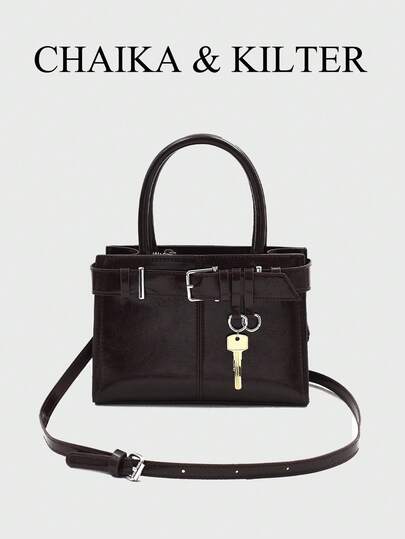 1个 CHAIKA & KILTER 女士纯色亮面PU皮革手提包，时尚方形托特包，配金属配件，双提手设计，带可拆卸可调节肩带，适合日常购物