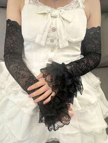 女士长款蕾丝露指袖 - 多层荷叶边蝴蝶结洛丽塔风格臂套 - 彩色 - 查看 3