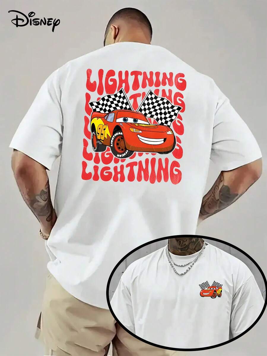 Disney Authorized-Men's Cotton Short-Sleeved T-Shirt, Genuine Authorized 1 Disney Car Lightning McQueen Short Sleeve, Disney Pixar Car Role, Fashion Cartoon T-Shirt Short Sleeve Design, Disney Cartoon Short Sleeve, Disney Men's Short Sleeve, Modern Style. - trắng - Xem 1