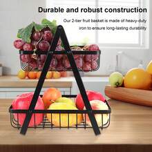 2-Tier Heavy Duty Fruit Basket With Integrated Handle, Space-Saving Iron Wire Vegetable Holder With Open Design For Ventilation, Perfect For Kitchen Countertops - Black - View 3
