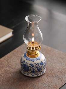 1pc Ceramic Blue & White Floral Vine Oil Lamp With Lamp Shade, Adjustable Wick Camping Fuel Lamp, Indoor Ceramic Oil Lamp Candle Holder, Kerosene Lamp With Wick, Oil Lamp/Hurricane Lamp With Flame Control Knob - 1PC - View 5