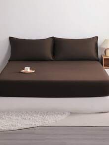 3pcs Solid Color Black Satin Fitted Sheet Set Simulation Silk Fitted Sheet Set With 1pc Fitted Sheet+2pcs Pillow Case Without Filler, Modern Soft Bedding Set For Household Sheet Deep Pocket Up To 15 Inch, Soft Breathable Wrinkle-Free Better For Sleep, Lu - 巧克力棕 - 查看 1