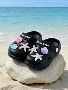 New Kids Cartoon Starfish & Shell Slide Sandals, Cute EVA Lightweight Soft Waterproof Non‑Slip Home Beach Shower Shoes For Boys Girls Spring Summer - Black - View 4
