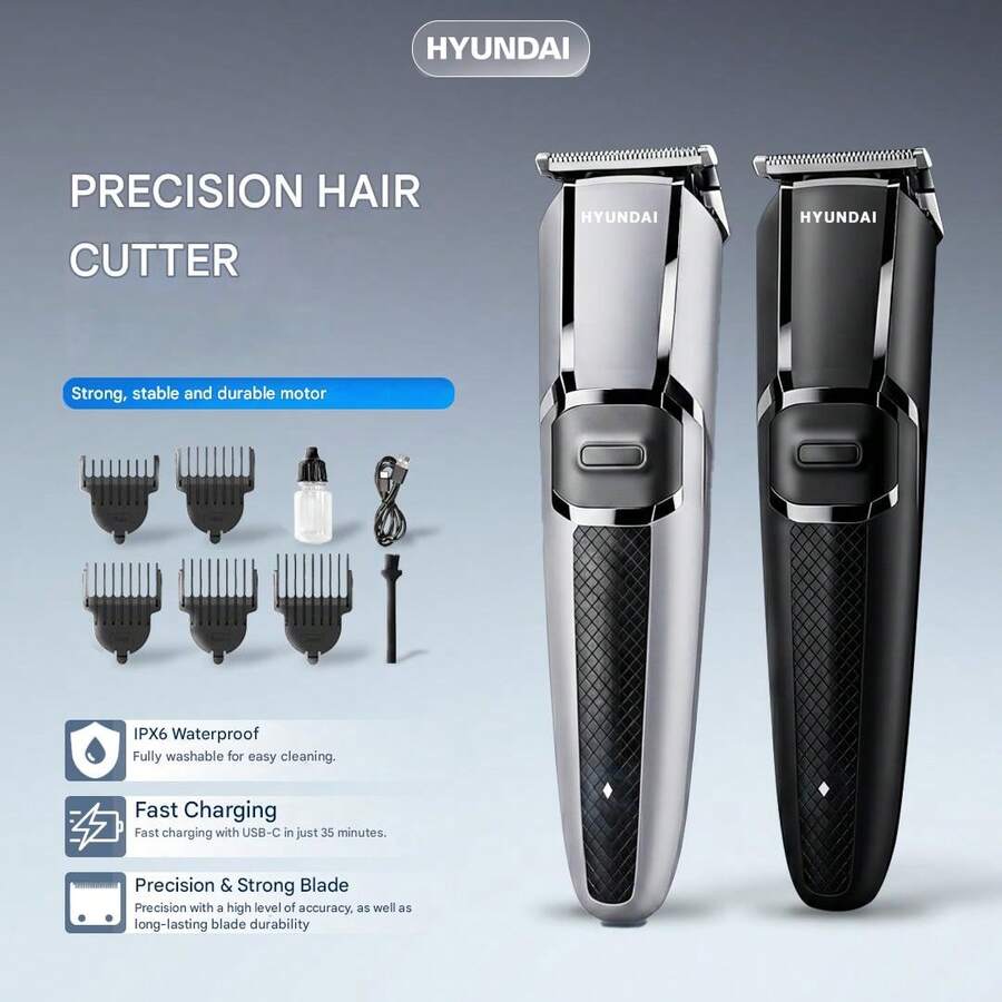 HYUNDAI 现代男士电动剃须刀和身体修剪器，陶瓷刀片，IPX6级防水，USB-C快速充电 - 灰色 - 查看 1