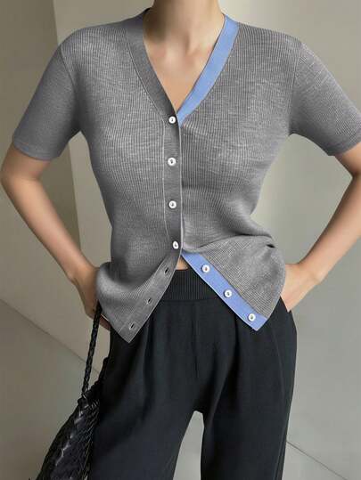 Contrast Color V-Neck Short Sleeve Front Button Casual Cardigan For Women, Spring/Summer