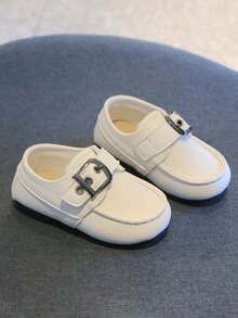 1 Pair Toddler Girls/Boys Soft Bottom Anti-Slip Round Toe Buckle Strap Casual Shoes, Simple & Fashionable, Lightweight Loafers Suitable For All Seasons - White - View 5