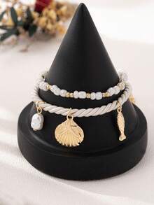 2pcs/Set Vacation Style Starfish, Shell, Fish Pendant Beaded Anklets, White & Gold Pearl Decor Elastic Rope & Linen Cord Double Layer Detachable Anklets, Suitable For Daily, Party, Music Festival, Beach, Bikini, Elegant & Refined For Women - Shell - View 5