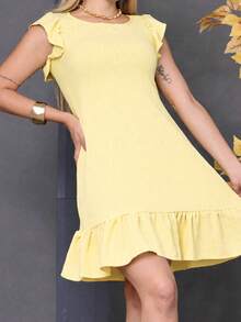 Plus Size Midi Dress, Fits Large And Small Sizes, With Ruffled Princess Sleeves, Puff Sleeves, And A Loose Fit, Dune Color. - Butter Yellow - View 2