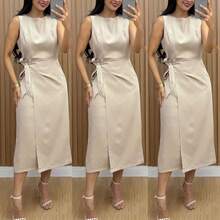 Women's Luxury Tailored Dress, Elegant With Tie Closure | Zipper | Comfortable And Stylish - Màu be - Xem 4