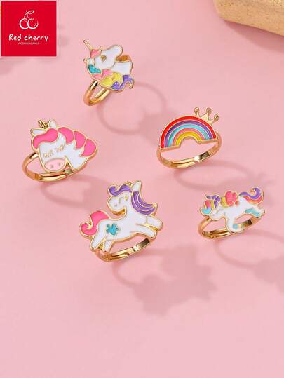 5pcs/Set Unicorn, Heart, Butterfly, Star, Flower Zinc Alloy Colorful Adjustable Rings Jewelry Set, Suitable For Children Everyday Casual Wear