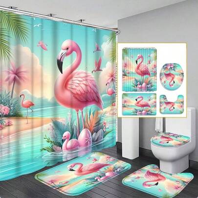 Flamingo Bathroom Decor Set, Includes Waterproof Woven Polyester Shower Curtain, Absorbent Mat, U-Shaped Non-Slip Rug, And Toilet Seat Cover, Washable With Hooks, Suitable For Holiday Home, Dorm Bathroom Decoration