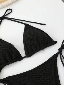 4pcs Plain Halter Triangle Bikini Swimwear With Cover Up Set Black - Black - View 3