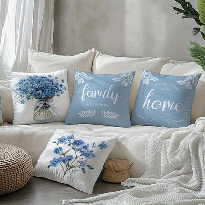 4pcs Floral Print Pillow Covers, Light Blue Flower Pattern, Size 44.96 X 44.96 Cm, Home Decor Pillow Cases For Living Room Sofa And Bedroom, Pillow Insert Not Included
