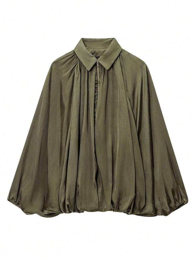 Chaqueta casual de mujer con mangas abullonadas, de moda para el día a día, para primavera/verano - Verde Oscuro - Ver 4