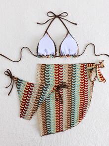 三件套可调节蕾丝比基尼套装，女士沙滩度假泳装 - 摩卡棕 - 查看 2