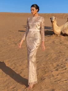 Faeriesty 女士优雅圆领亮片晚礼服 - 长袖，精致花卉几何刺绣，腰部系带设计，适合约会、沙漠婚礼、红毯晚宴及更多春季正式派对场合 - 香檳色 - 查看 5