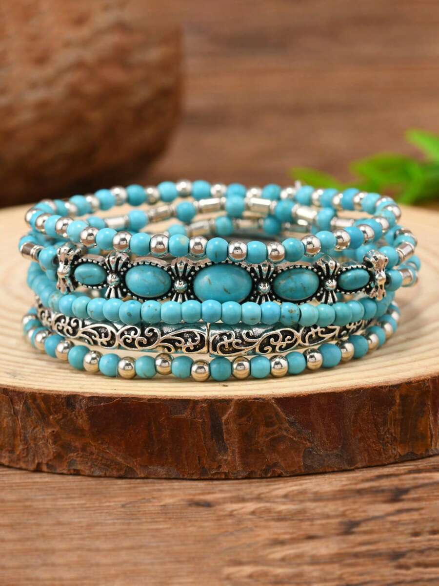 5pcs/Set Faux Turquoise Denim Style Elastic Jewelry Bracelet Set - Multicolor - View 1