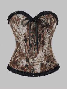 قطعة واحدة من الصدرية النسائية، بدلة جسم مطرزة بنقوش زهور على طراز لوحة مونيه، مزينة بكشكشة وفيونكة، ملابس علوية مشكلة بشكل عفوي وجذاب للاستخدام في العطلات أو الحفلات أو الارتداء اليومي - بني - مشاهدة 1