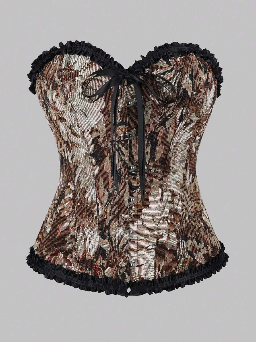 قطعة واحدة من الصدرية النسائية، بدلة جسم مطرزة بنقوش زهور على طراز لوحة مونيه، مزينة بكشكشة وفيونكة، ملابس علوية مشكلة بشكل عفوي وجذاب للاستخدام في العطلات أو الحفلات أو الارتداء اليومي - بني - مشاهدة 1