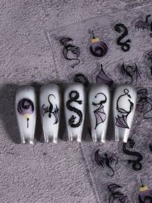 2 Sheets Shiny Black Dragon Nail Art Stickers, Halloween Dinosaur Pterodactyl Bat Gothic Style Nail Decals, Self-Adhesive, Suitable For Acrylic Nails, Nail Art Decoration - 黑色 - 查看 5