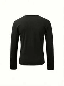 Sweet & Cool Plaid Patchwork V-Neck Long Sleeve T-Shirt, Slim Fit Layering Top, Spring/Summer - Black - View 6