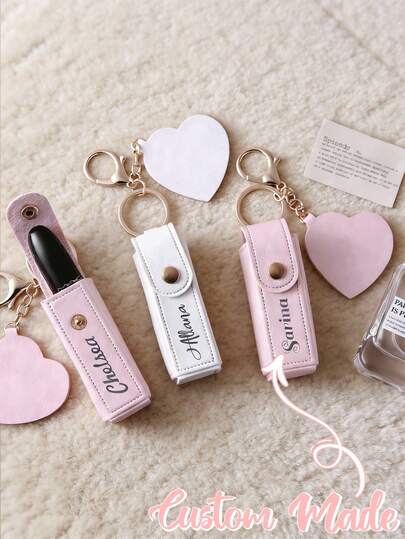Customizable Lipstick Storage Bag, Personalized Solid Color PU Leather Lipstick Holder Bag With Heart Shaped Mirror, Women's Makeup Keychains, Customize Your Name, Heart & Bag Charm, Fashion Keychain Pendant, Heart Shaped Mirror Decorated Lipstick Holder Bag, Bag Accessories, Personalized, Custom, Ideal Gifts For Her, Girlfriend, Her, Boyfriend, Friends, Valentine's Day Gifts, Bridesmaid Gift, Wedding Gift, Birthday Gift For Her, Mother's Day Gift, New Year Gifts, Festival Gifts