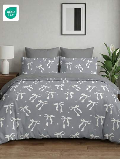 2/3pcs Duvet Cover Set, Soft & Breathable Bedding Set, Skin-Friendly, Cartoon Style Duvet Cover Set, Soft & Pilling Resistant, Cute Home Textile, Room Decor, Gray Base White Bow Print Duvet Cover Set, Includes Duvet Cover & Pillow Case(S), Duvet Insert Not Included, Fits Twin/Full/Queen/King Size Bed, Suitable For All Seasons, Fashionable & Adorable Duvet Cover Set For Bedroom & Dorm, Machine Washable, OEKO-TEX Certified