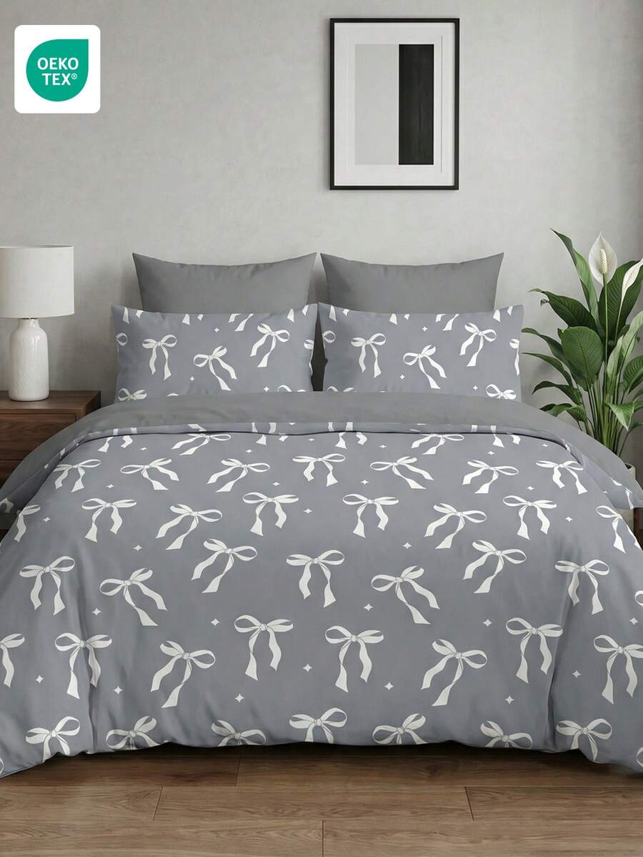 2/3pcs Grey Bowknot Duvet Cover Set, Bedding Set, Comfortable Room Decor, Breathable, Soft And Anti-Pilling, Duvet Cover And Pillowcases, Without Duvet Insert, Suitable For Twin, Full, Queen, King Size Beds, Home Textiles, OEKO-TEX