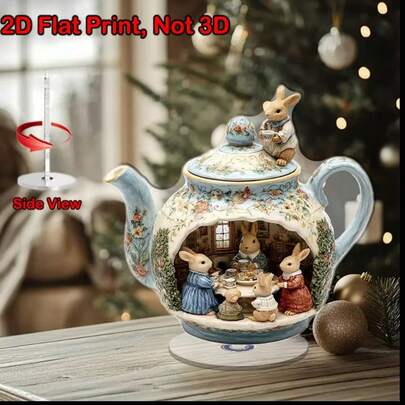 2D亚克力旋转桌面摆件 - 可爱的兔子茶会摆件，带360°旋转底座，无需用电，舒适的办公室和家居装饰，是房间装饰的理想之选。