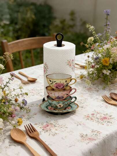 Iron Kitchen Paper Towel Holder, Tea Cup With And Bustling Pattern, Elegant Tea Cup Design Style, Bathroom Roll Paper Holder, Garden Party Table Decoration Ornament, Suitable For Multiple Scenes, Kitchen, Bedroom, Living Room, Dining Room