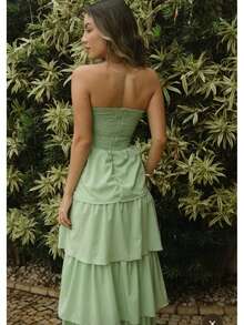 LONG DRESS WITH LAYERED RUFFLES, STRAP-FALL TWISTED AT THE BUST - Mint Green - View 2