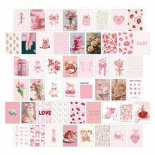 50pcs Pink Room Decor Aesthetic Wall Collage Kit, Pink Wall Art Prints Postcards Set For Bedroom Home Decor, Dorm Photo Collection,Small Posters For Room Aesthetic - Pink - View 1
