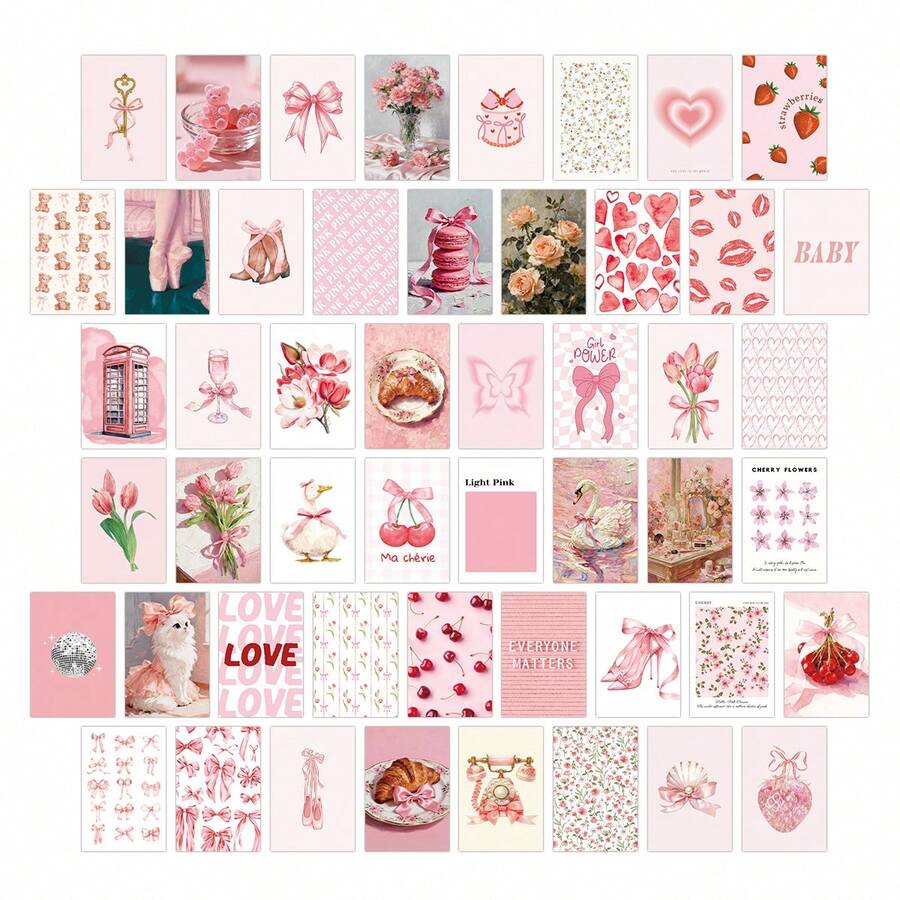 50pcs Pink Room Decor Aesthetic Wall Collage Kit, Pink Wall Art Prints Postcards Set For Bedroom Home Decor, Dorm Photo Collection,Small Posters For Room Aesthetic - Pink - View 1