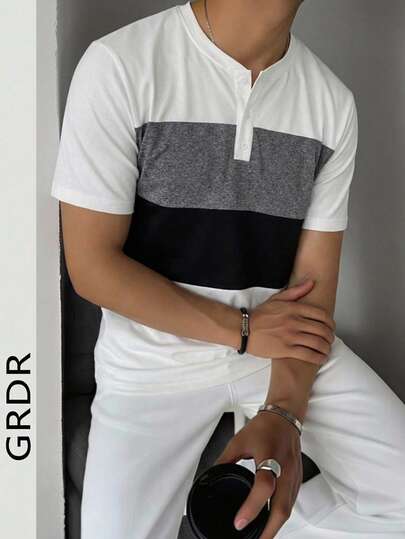 GRDR Summer New Contrast Color Business Style Round Neck Men Casual Short Sleeve T-Shirt