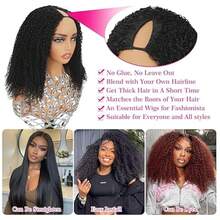 Pelucas rizadas con parte en V, cabello humano brasileño rizado para mujeres, pelucas en forma de V, pelucas frontales de encaje sin omisiones, pelucas con parte en U mejoradas, pelucas de media cabeza sin pegamento con clip, densidad del 180 %. - Natural Black - Ver 5