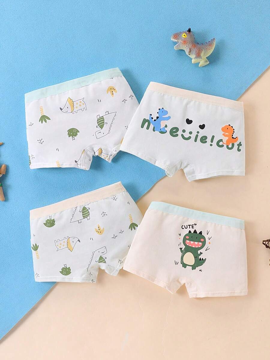 4 piezas/paquete Calzoncillos tipo bóxer con estampado de dinosaurio de dibujos animados para niños, para todas las estaciones - Multicolor - Ver 1