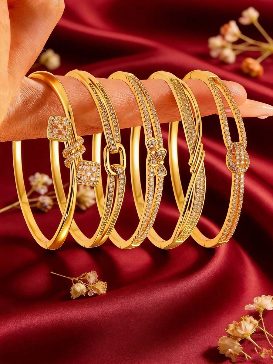 5/1pc Luxury Geometric Copper Bracelet, Versatile Design, Showcases Jewelry Accessorizing Beauty, Exquisite Christmas Gift For Girlfriend - Gold - View 1