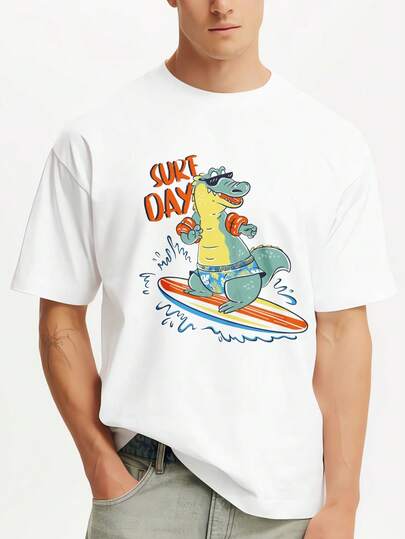 Surfing Crocodile With Board And Sunglasses Printed Premium T-Shirts Mens Summer Short Sleeve Tees Casual Tops